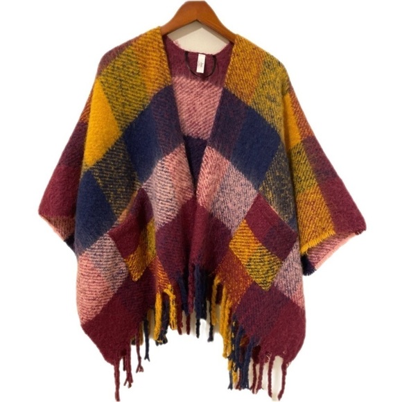 Jackets & Blazers - Colorful Checked Poncho with Fringe One Size